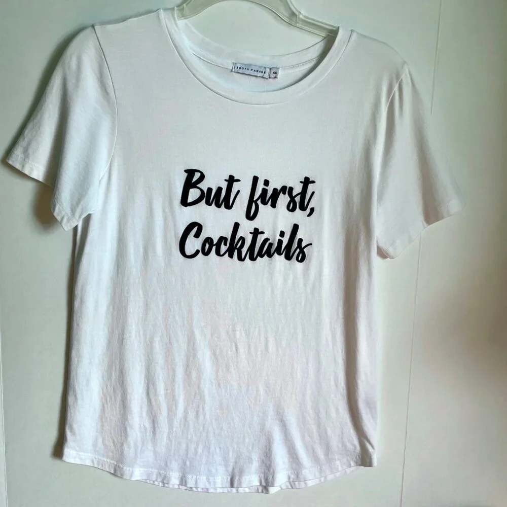 SOUTH PARADE Lola Top But First Cocktails Short Sleeve Cotton Tee White Black XS - Picture 8 of 9